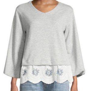 New NWT STELLAH Grey V-neck Bubble Sleeve Sweatshirt Top w/ Lace Trim Size Large